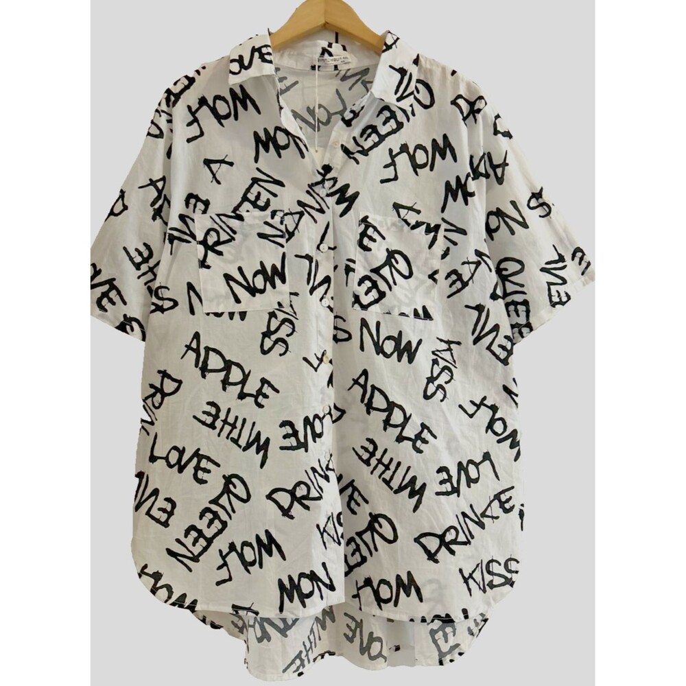 Women XL White Cotton Printed Short Sleeve Button Up Blouse Tunic Shirt Casual